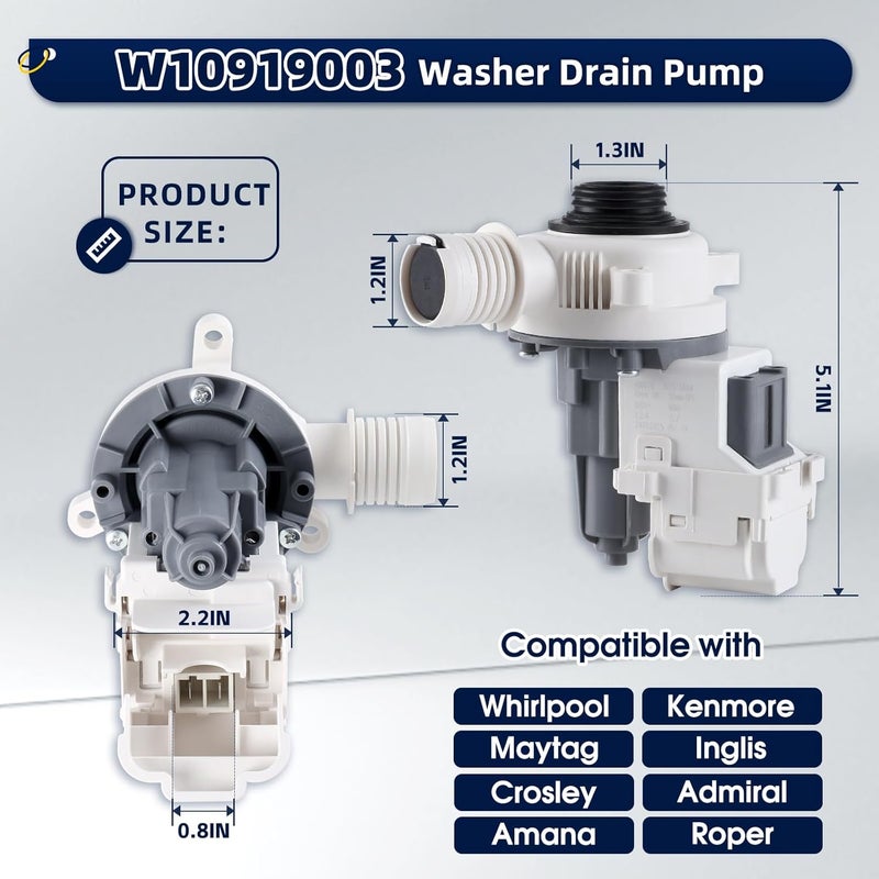 GREALTH W10919003 W10775446 Washer Drain Pump Compatible with Whirlpool Maytag Kenmore Inglis Crosley Amana Admiral Roper, Replace 4461359 AP6038235 PS11770076 EAP11770076 B25-3A04 - Image 2